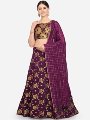 VRSALES Purple & Gold-Toned Woven Design Semi-Stitched Lehenga & Unstitched Blouse with Dupatta