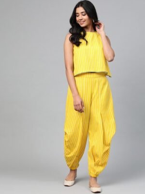 W Women Yellow & Off-White Striped Top with Dhoti Pants