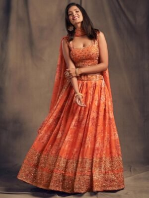 FABPIXEL Orange & Gold-Toned Embroidered Sequinned Shibori Semi-Stitched Lehenga & Unstitched Blouse With