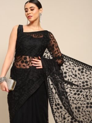 all about you Black Floral Embroidered Net Saree