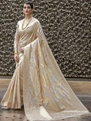 Anouk Cream-Coloured & Gold-Toned Floral Woven Design Zari Banarasi Saree