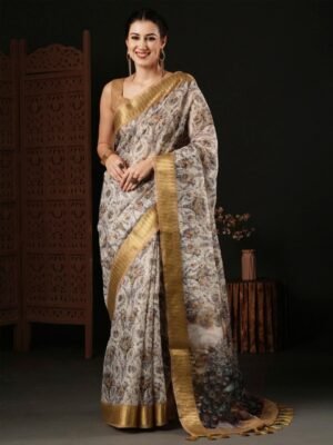 Anouk Floral Printed Zari Organza Sungudi Saree