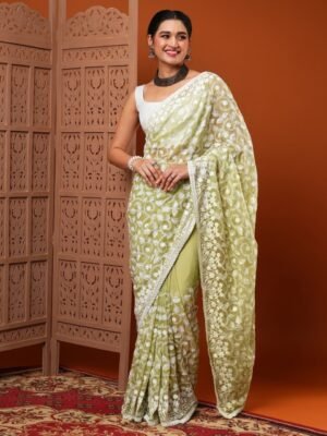 Anouk Green Floral Embroidered Organza Saree