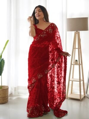 Anouk Maroon Floral Embroidered Net Saree