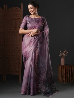 Anouk Mauve & Green Floral Printed Organza Saree