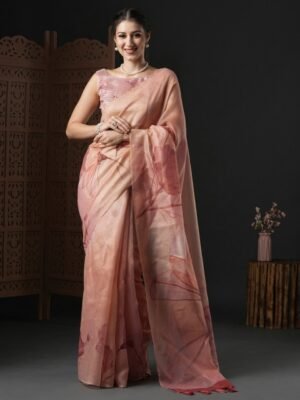 Anouk Peach-Coloured & Red Floral Printed Organza Saree