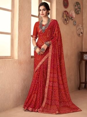 Anouk Red Bandhani Zari Pure Chiffon Bandhani Saree