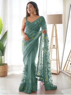 Anouk Teal Green Floral Embroidered Sequinned Net Saree