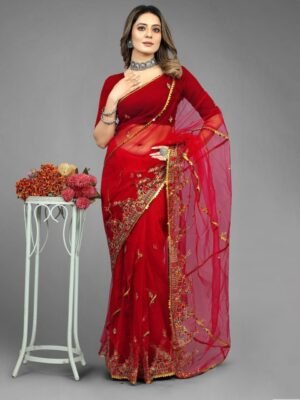 BARKIYA CREATION Embellished Beads & Stones Net Saree