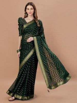 HERE&NOW Geometric Printed Zari Pure Chiffon Leheriya Saree