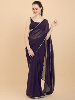 Inddus Women Wine Solid Georgette Saree with Blouse Piece