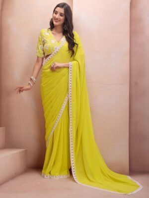 Inddus Yellow & White Embroidered Border Saree