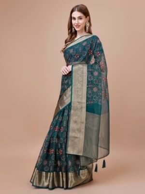 Indian Women Bandhani Printed Zari Organza Saree