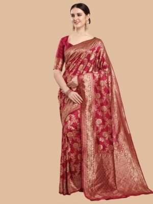 KALINI Maroon & Gold Ethnic Motifs Zari Silk Blend Banarasi Saree