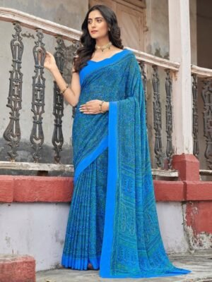 KALINI Paisley Printed Pure Chiffon Dabu Saree