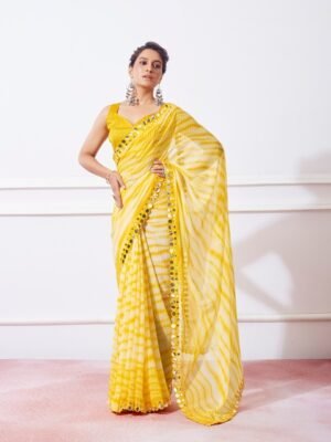 Kalista Striped Mirror Work Detailed Pure Georgette Saree