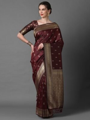 Mitera Brown & Gold-Coloured Ethnic Motifs Woven Design Silk Blend Banarasi Saree