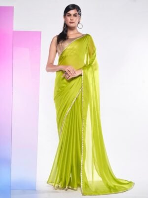 Mitera Green & Gold-Toned Pure Georgette Saree