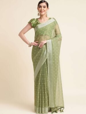 Mitera Green & Silver-Toned Floral Zari Pure Chiffon Saree