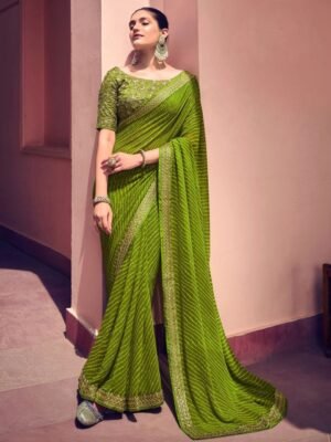 Mitera Green & White Leheriya Printed Embroidered Poly Georgette Leheriya Saree