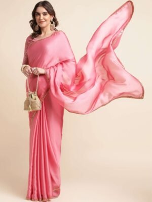 Mitera Pink Embellished Border Satin Chiffon Saree