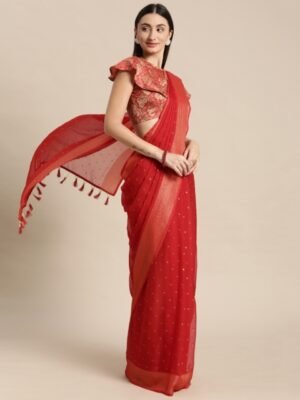 Mitera Red & Gold-Toned Floral Zari Pure Chiffon Saree