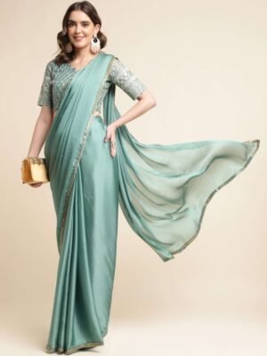 Mitera Sea Green Embellished Border Satin Chiffon Saree