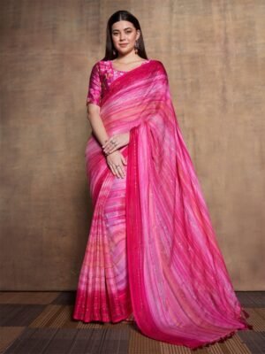 Mitera Striped Sequinned Pure Chiffon Saree