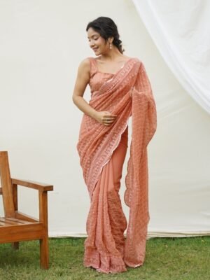 Mitera Striped Sequinned Pure Georgette Saree