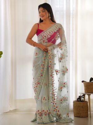 RV CREATION Embellished Beads and Stones Net Saree