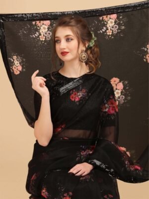 Sangria Black & Coral Floral Sequinned Organza Celebrity Saree