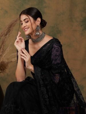 Sangria Black Floral Embroidered Sarees