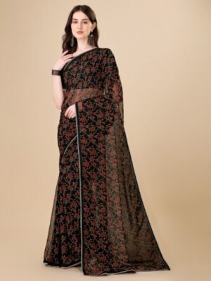 Sangria Black Floral Printed Gotta Patti Detail Pure Chiffon Saree