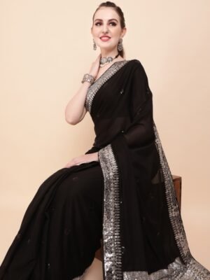 Sangria Black & Silver-Toned Embellished Sequinned Pure Georgette Saree