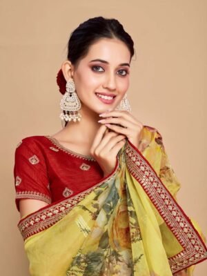 Sangria Floral Printed Embroidered Organza Saree