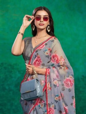 Sangria Floral Printed Organza Saree