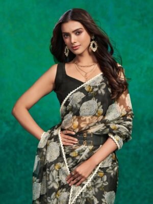 Sangria Floral Printed Organza Saree