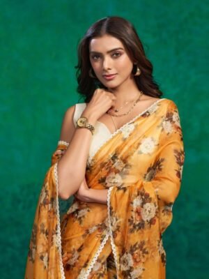 Sangria Floral Printed Organza Saree