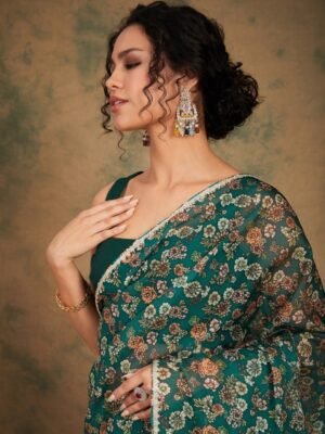 Sangria Floral Printed Organza Saree