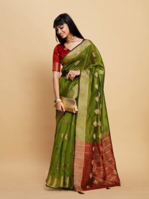 Sangria Green Ethnic Motifs Woven Design Zari Organza Saree