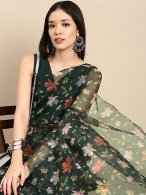 Sangria Green Floral Organza Saree