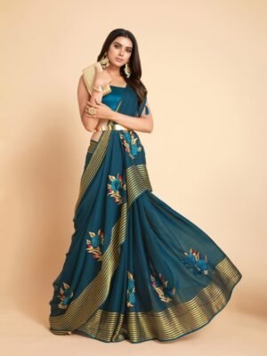 Sangria Green & Gold-Toned Embellished Pure Chiffon Saree