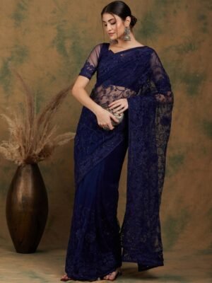 Sangria Navy Blue Floral Embroidered Net Saree