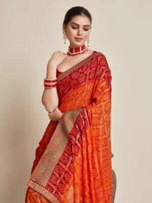 Sangria Orange Printed Zari Pure Georgette Bandhani Saree