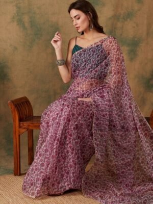 Sangria Pink Floral Printed Sequinned Organza Saree