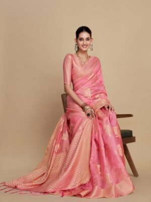 Sangria Pink Woven Design Organza Saree