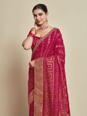 Sangria Pink Woven Design Zari Detail Poly Georgette Bandhani Saree