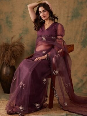 Sangria Purple Floral Embroidered Beads and Stones Embellished Net Saree