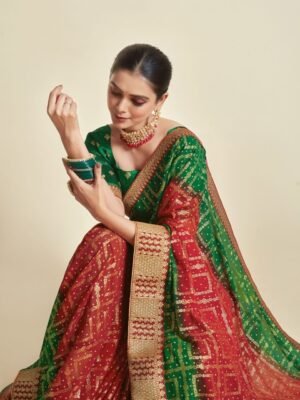 Sangria Red & Green Woven Design Zari Poly Georgette Bandhani Saree