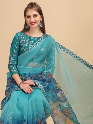 Sangria Sea Green & Blue Floral Sequinned Organza Saree